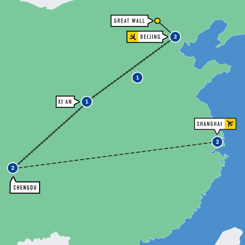 Map of Beijing, Xi'an, Chengdu, and Shanghai