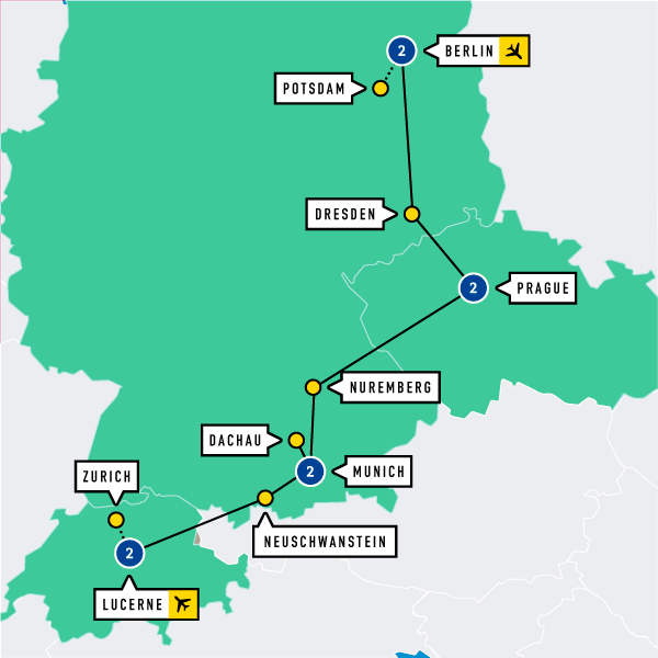 Map of Germany, Prague and Switzerland