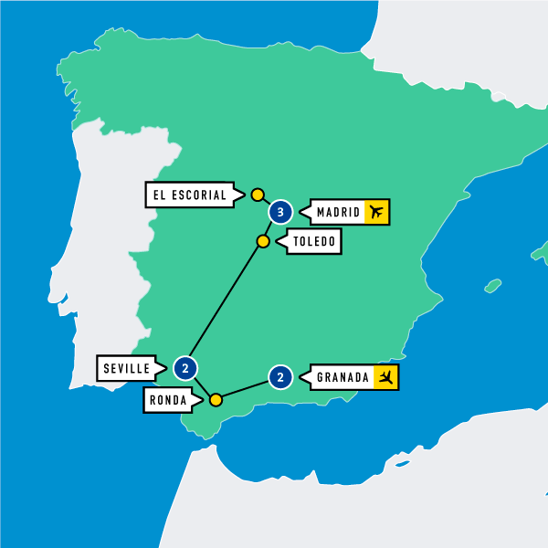 Map of Granada, Sevilla y Madrid
