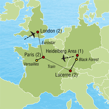 Map of London, Paris and the Alps