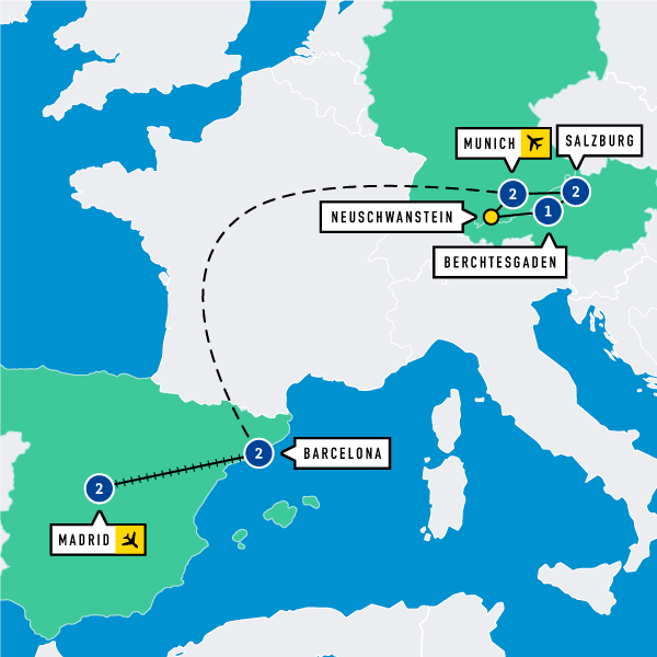 Map of Madrid to Munich