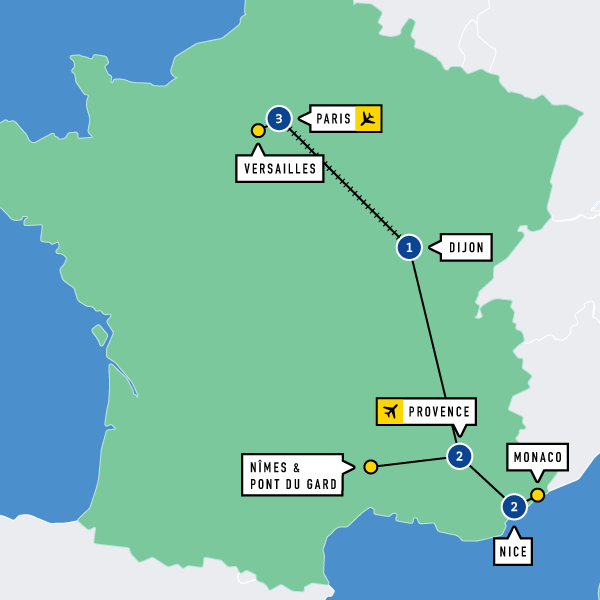 Map of Paris, Burgundy, and the Riviera