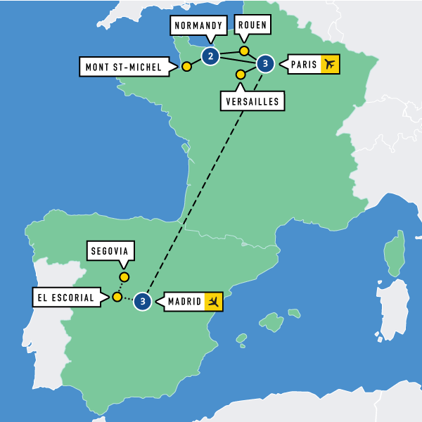 Map of Paris, Normandy, and Madrid