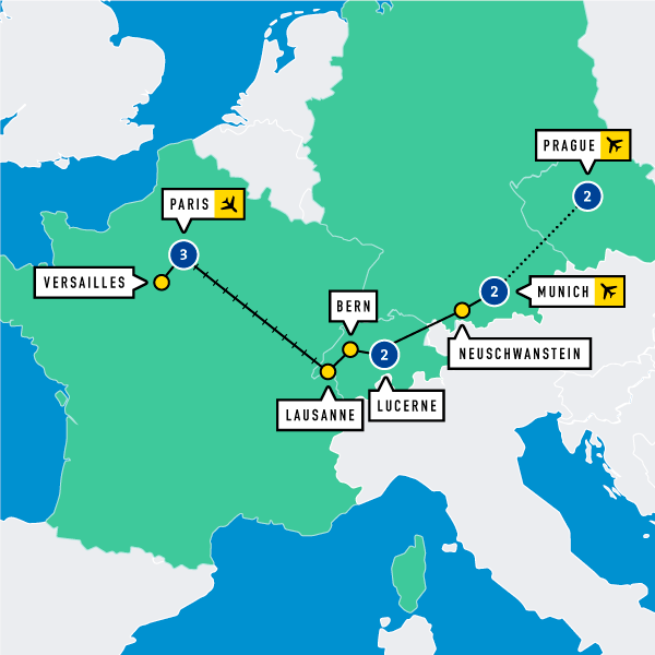 Map of Paris, Switzerland and Bavaria Student Tour