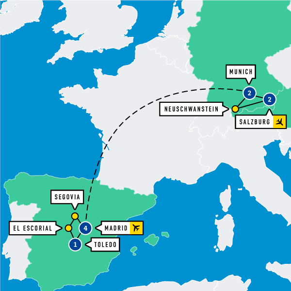 Map of Salzburg, Munich, and Madrid