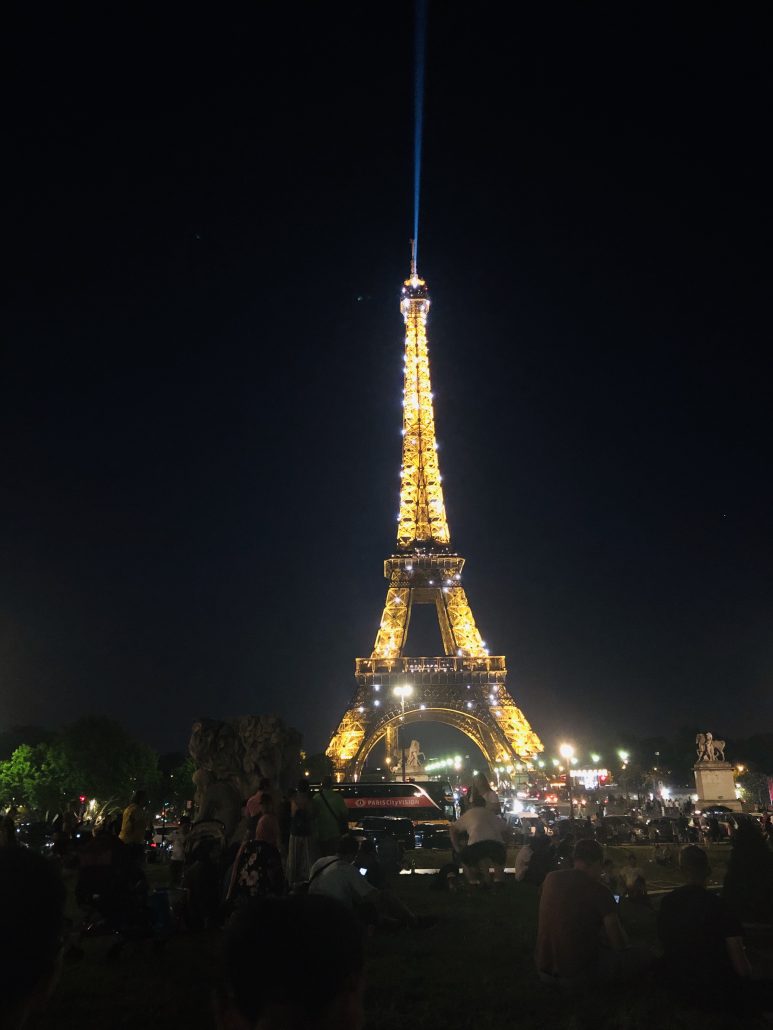 Paris, Eiffel Tower lit up at night