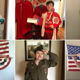 Collage of photos of students in themed outfits
