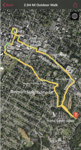 Screenshot of map showing walking tour near WorldStrides office in Charlottesville 