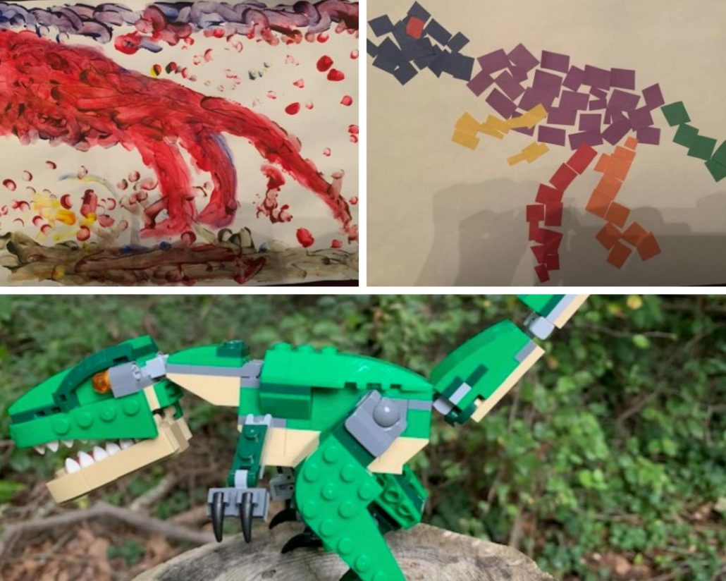 Painting of a t-rex, paper collage of a t-rex, and a lego t-rex