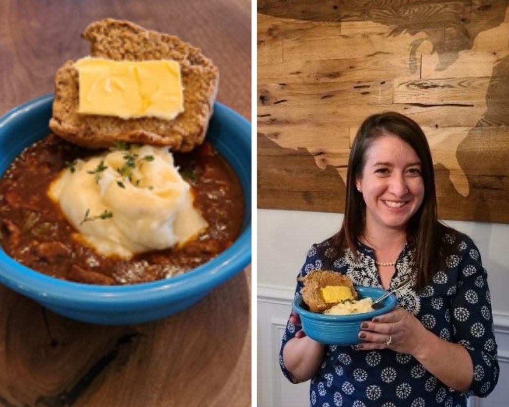 A bowl of irish stew topped with mashed potatoes and a side of bread and butter, another photo of a woman holding the bowl of stew 